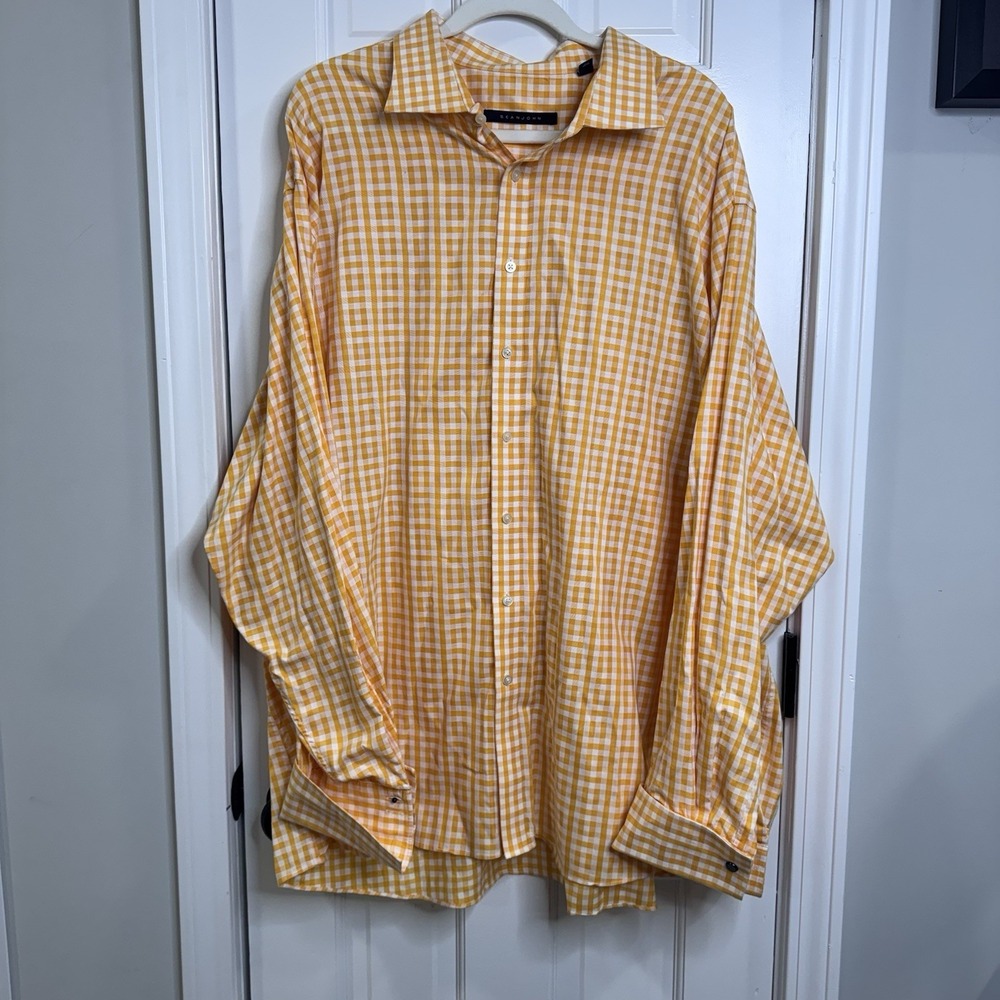 Sean John Mens 3XB Tall Yellow Gingham Button Front Dress Shirt 100% Cotton